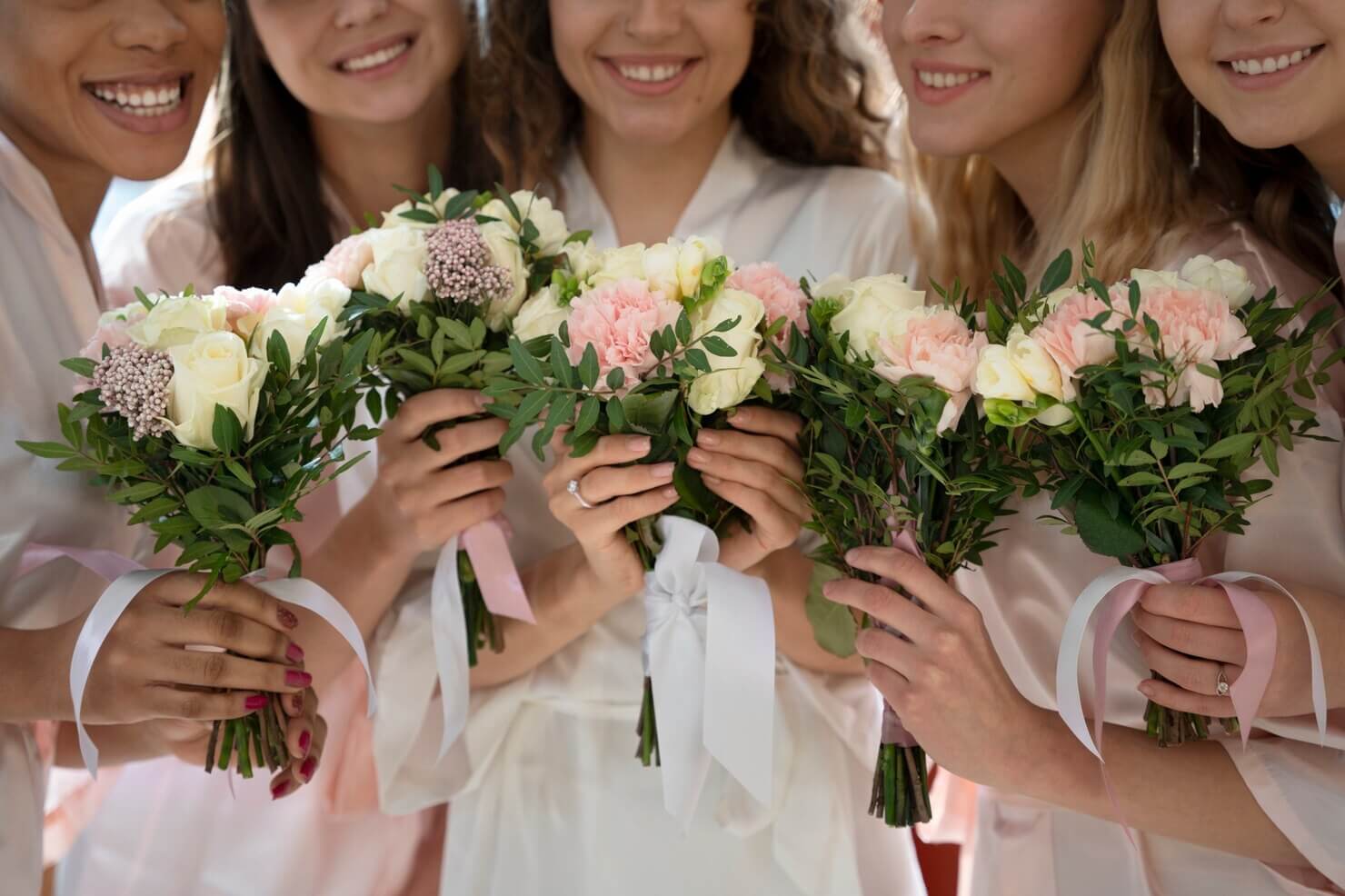 Smiley bridesmaids holding flowers bouquets